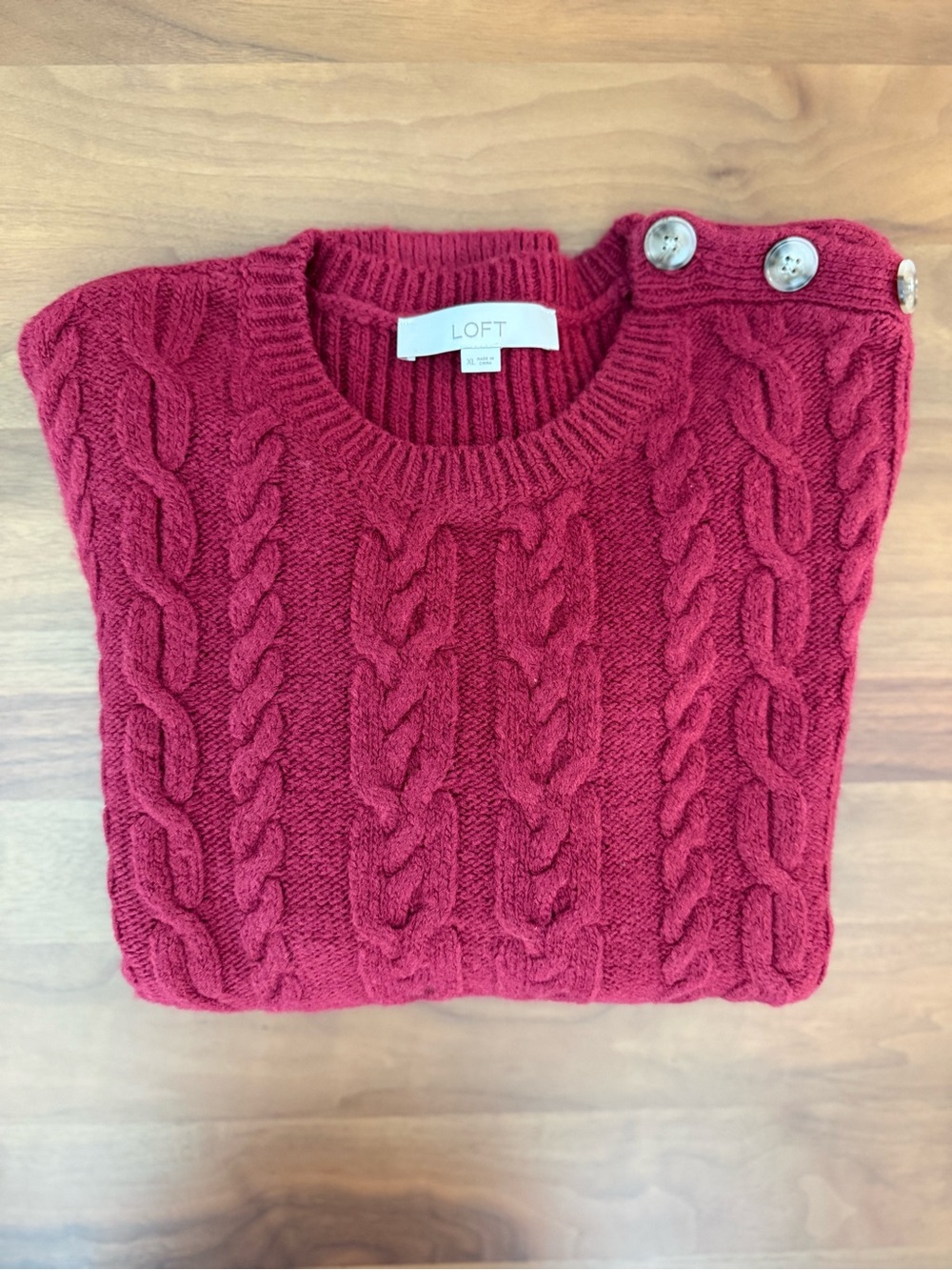 LOFT Cable-Knit Crew Sweater with Shoulder Buttons - Berry - Picture 4 of 5